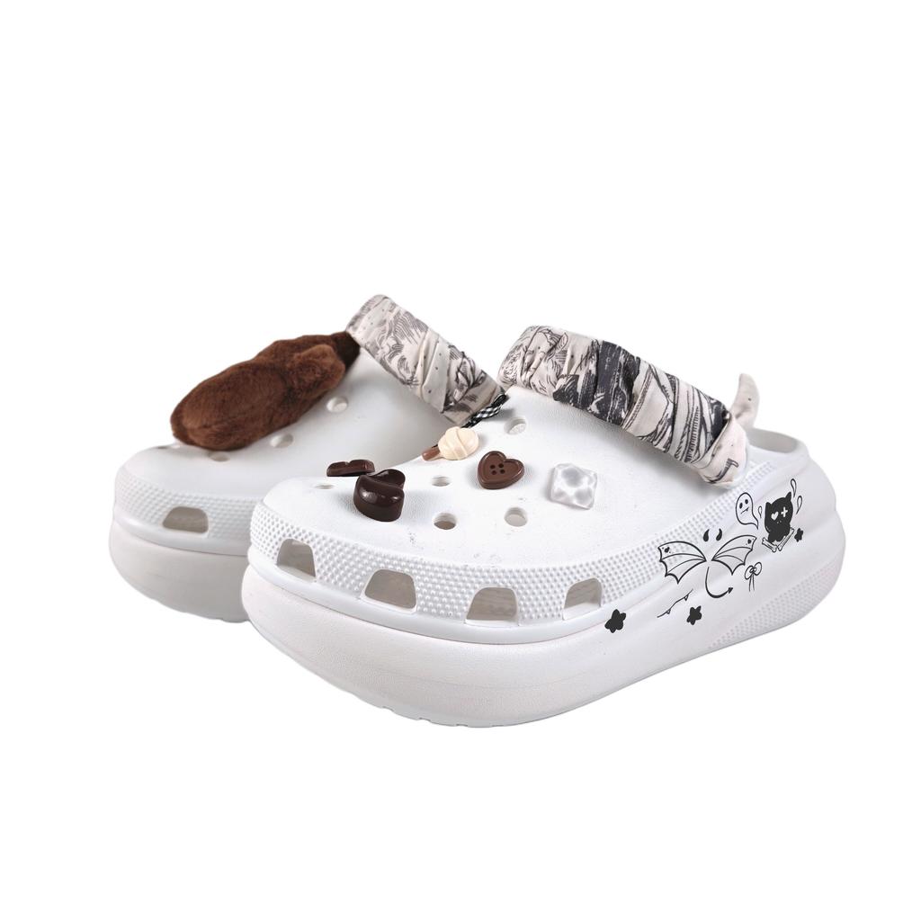 Crocs Crush Clog EVA Bear Buttons Fashionable and Versatile Comfortable Casual Hole Shoes Unisex White