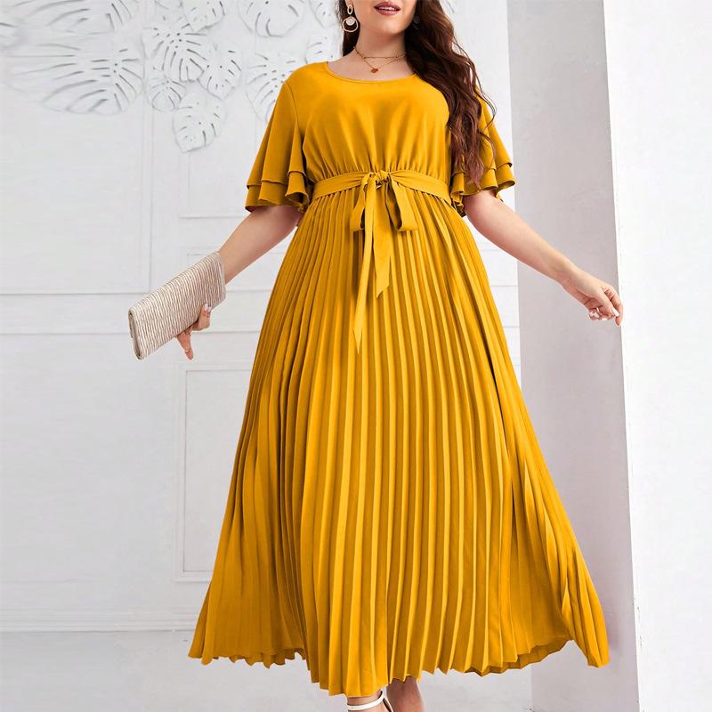 Elegant Long Swing Dress with Square Neck and Lace-up Design - Short Sleeve, Slimming, Pleated for Spring, Summer, Autumn