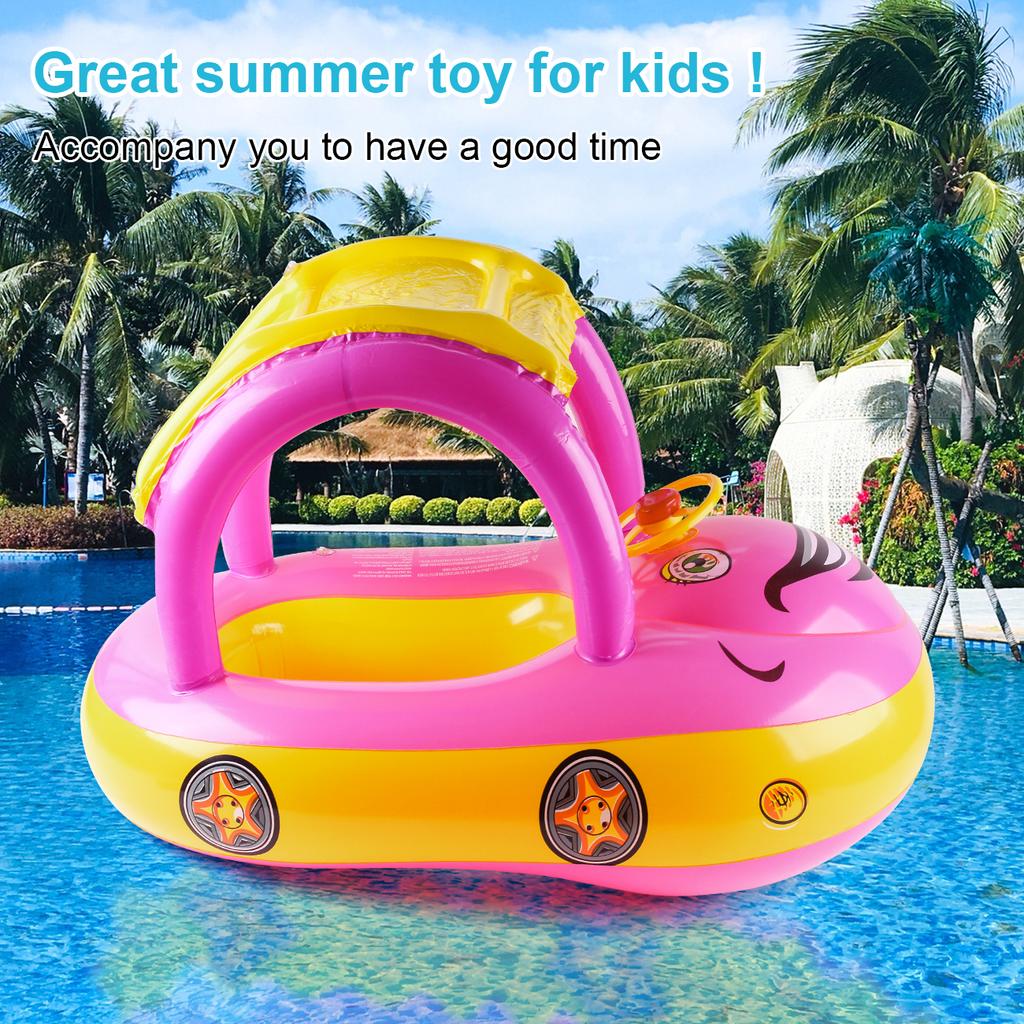 1pc Inflatable Baby Pool Seat Float with Canopy Sun Shade Swim Ring Water Seat Lounge Float with Steering Wheel Handles