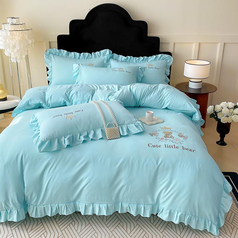Small Fresh Washed Knitted Pure Cotton Embroidered Four-piece Bedding Set Quilt Cover Bed Sheet Bed Skirt