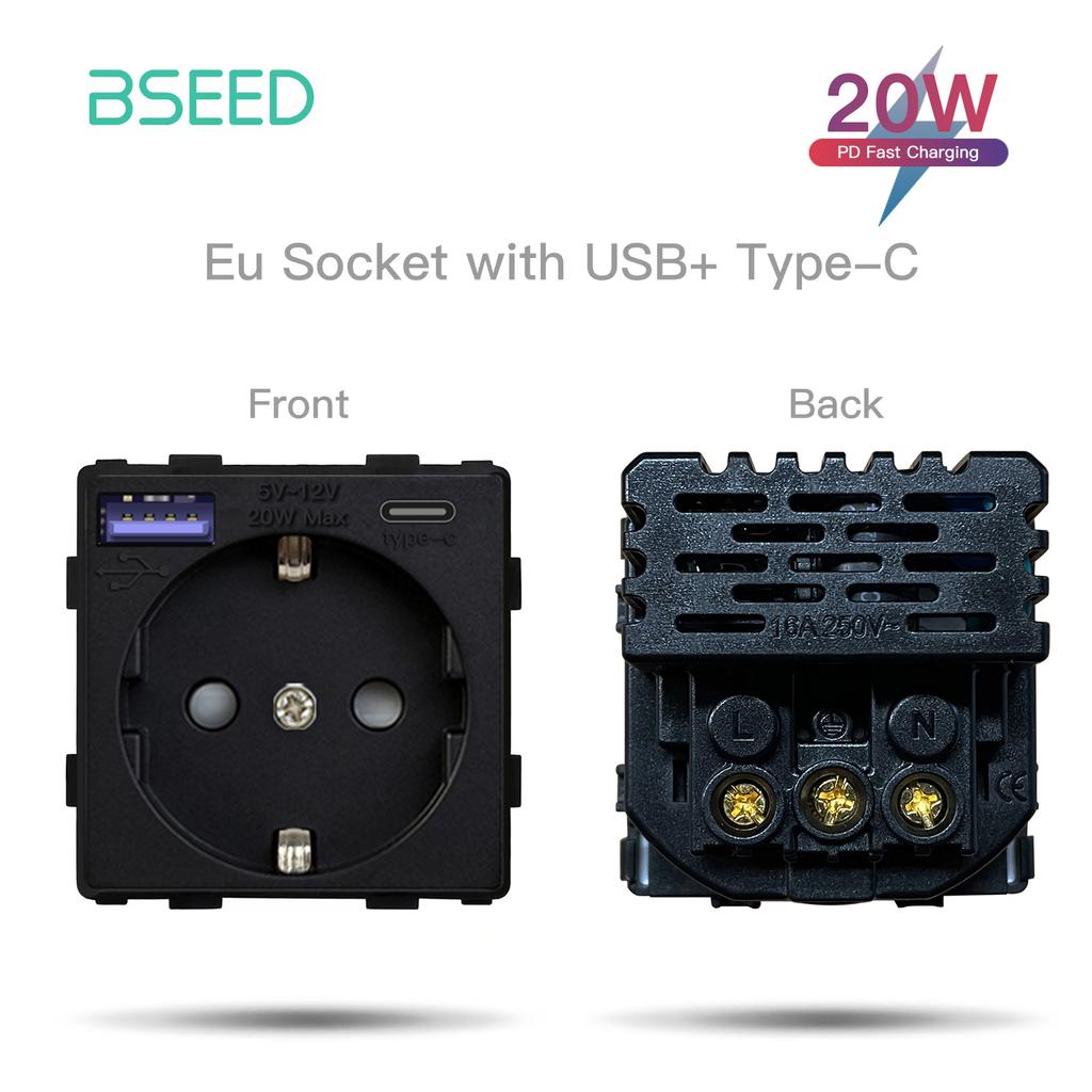 BSEED Wall Touch Switch 1/2/3Gang 1/2Way Light Switch Dimmer Function Parts Glass Panel Frames EU Wall Sockets DIY Parts Only