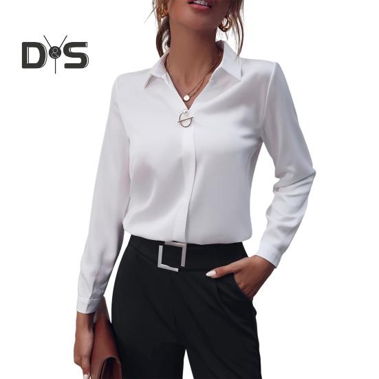 

Женская рубашка с лацканами, длинным рукавом, декорированная искусственным жемчугом, рубашка стандартного кроя, однотонная, простая, легкая блузка XL белый