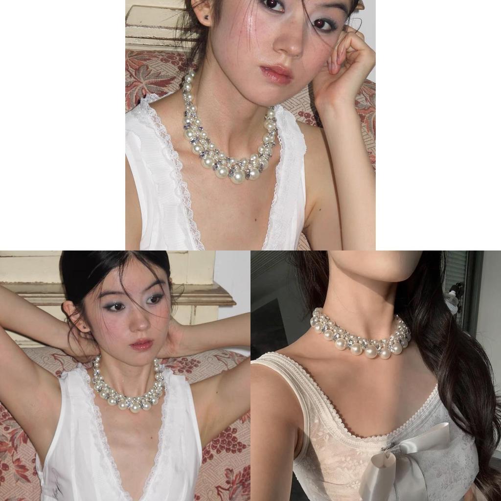 French Pearl Necklace Geometric Design Handcrafted Org Glass Pendant For Women
