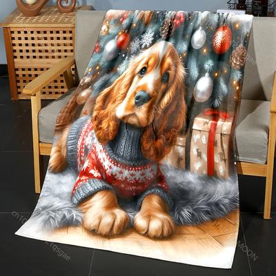 1PC Christmas Themed Cocker Spaniel Print Blanket Flannel Material Soft Warm for All Seasons, Home Outdoor Camping Picnics