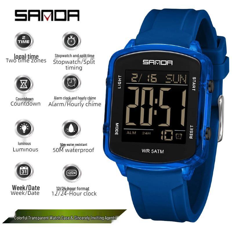 Sanda Dual Time Waterproof Transparent Sports Wristwatch with Colorful Single Display and Student Timer Function
