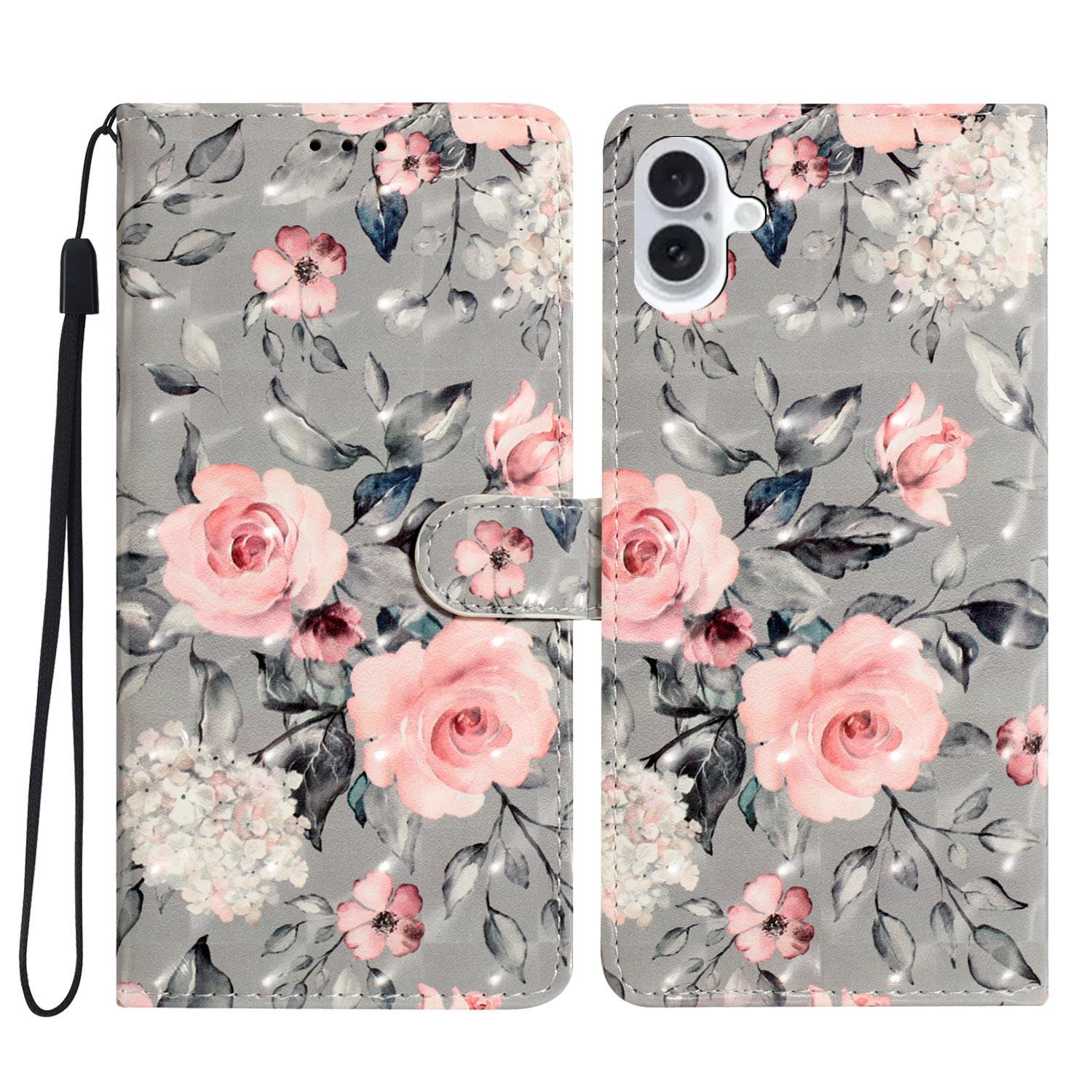 

For iPhone 16 Case PU Leather 3D Pattern Printing Phone Wallet Cover Flowers