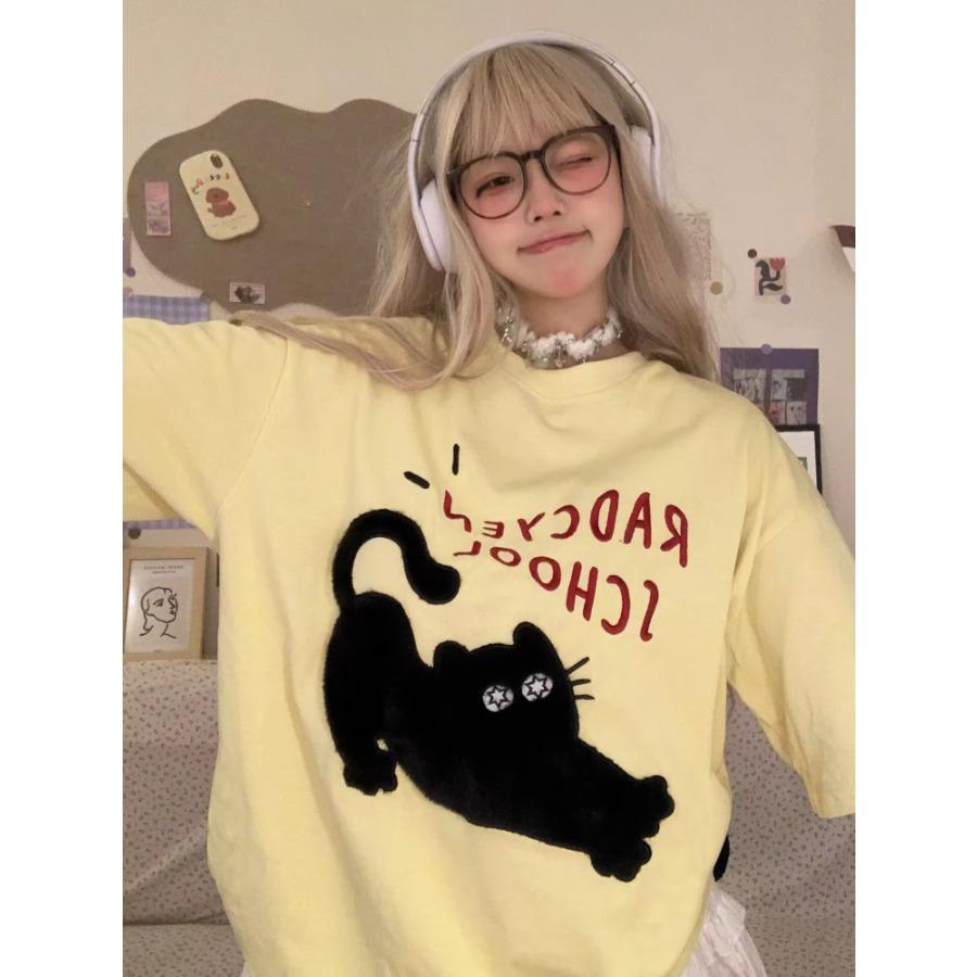 

Футболка свободного покроя с рисунком из мультфильма «Кошка», женская футболка, топ в стиле харадзюку, феерия 00-х, 2000-х, гранж, готика, эстетика, корейская ткань S жёлтый