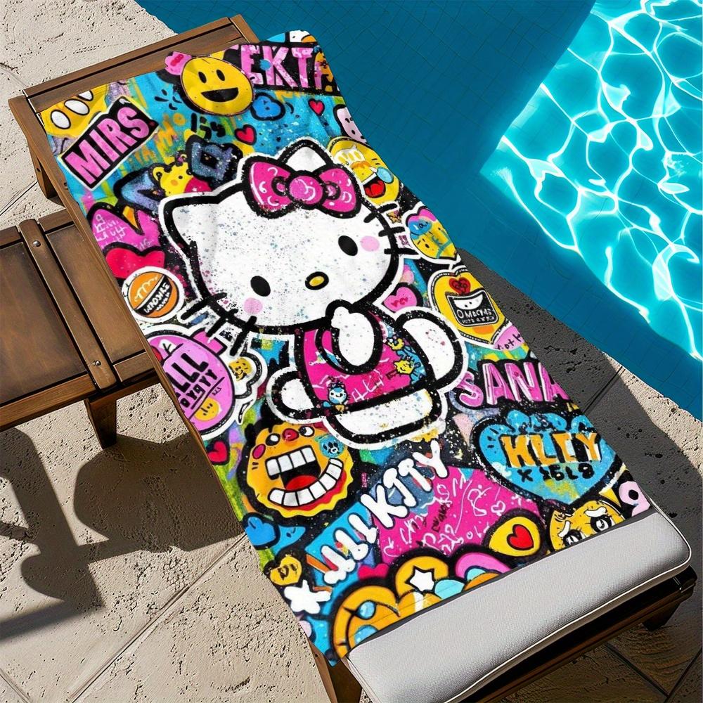 1pc Sanrio Hello Kitty Graffiti Beach Towel - Polyester 2D Print Colorful Street Art Design, Quick-Dry & Lightweight for Swimmin