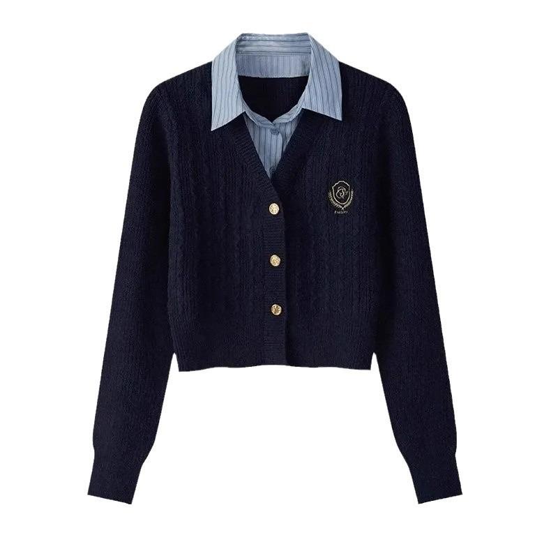 College Style Knitted Shirt Collar Splicing Fake Two-piece Top Women's Spring New Cardigan Sweater Jacket