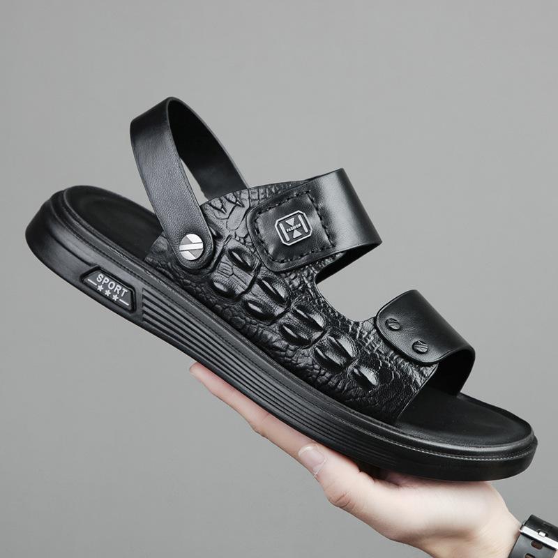

Summer first layer sheepskin men s sandals leather outdoor beach shoes fashion dad men s leather sandals men s slippers 44 чёрный