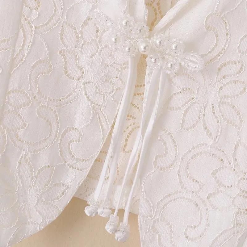 Chaqueta Fina de Encaje Calado de Verano para Mujer Talla Grande Diseño Estilo Nacional Botón de Disco Ropa Protectora Solar