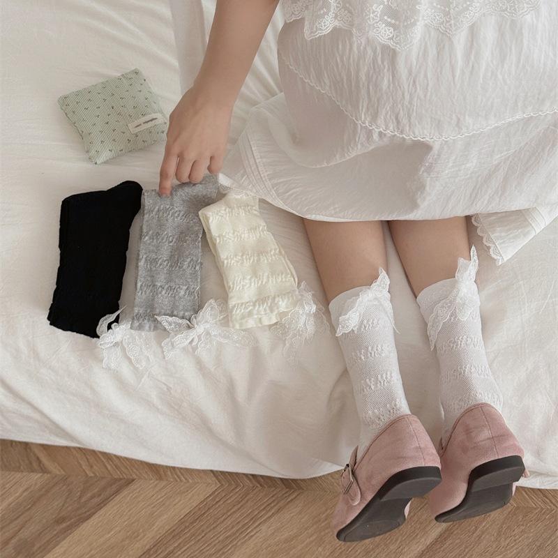 Female Spring and Summer Thin Cotton Solid Color Ballet Style Ribbon Bow Mesh Breathable Hose