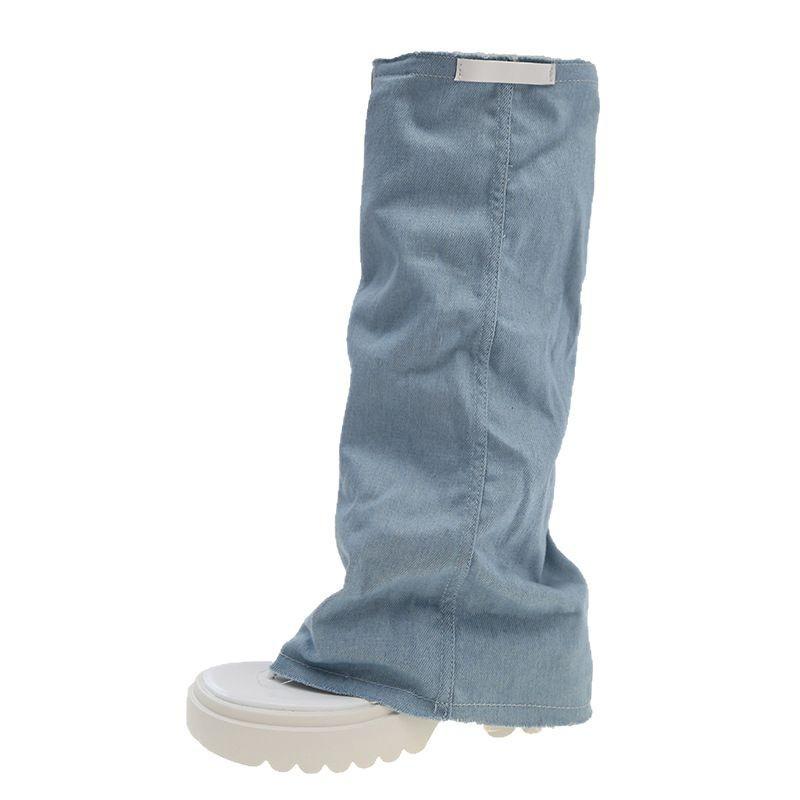 Casual versatile but knee boots European station women's explosive series toe muffin thick-soled denim trousers boots women