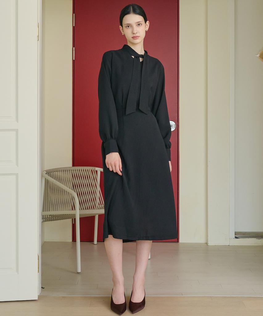 Bye Bye Seop Ribbon Scarf Long Dress Black [T43]