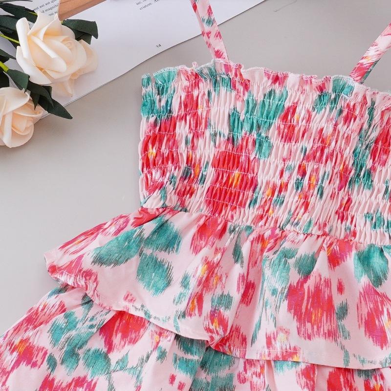 Girls Summer Floral Spaghetti Strap Dress Multi Layer Ruffle Beach Sundress For Toddler Baby Vacation Long Gown