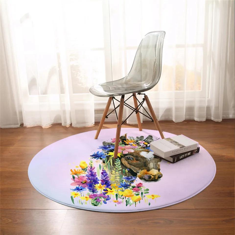 3D Running Horses Round Carpet Non-slip Mat Luxury Wild Horse Area Rug for Game Room Bedroom Decoration