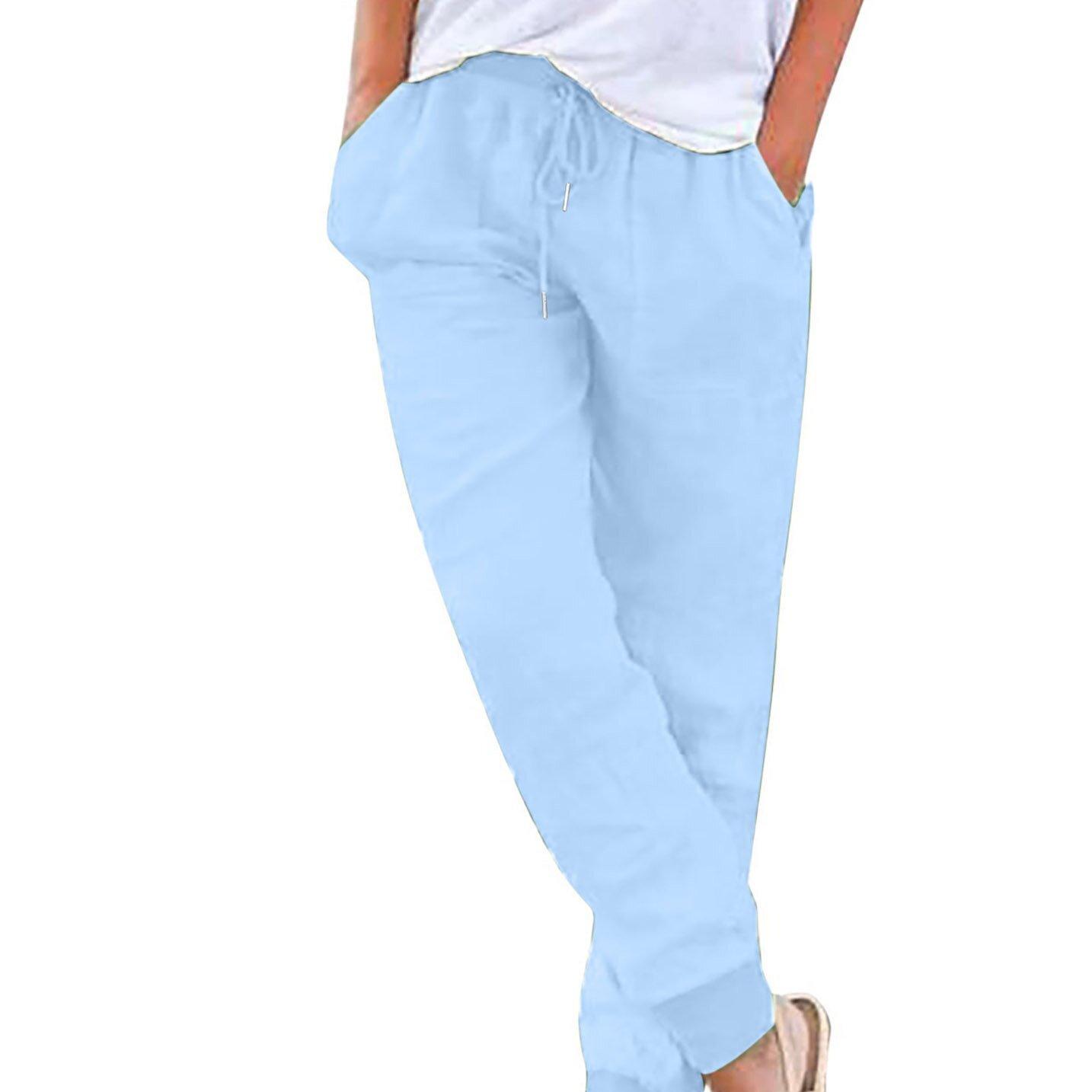 

Женские хлопковые льняные брюки, женские осенне-весенние дышащие однотонные хлопковые льняные брюки для фитнеса, уличная одежда до щиколотки 2XL светло-синий