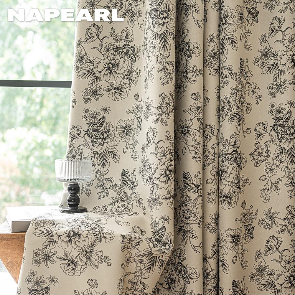 1PC NAPEARL French Retro Sketch Flower Curtain with  Aesthetic Blackout Window Treatments for Bedroom Living Room Home Decor