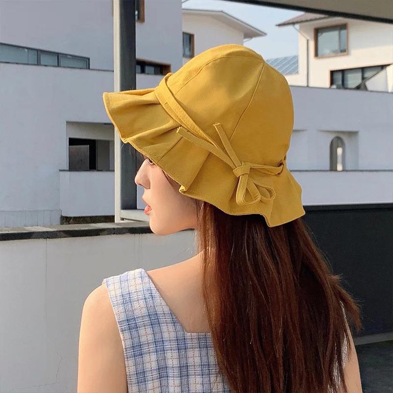 Women's Summer Fisherman's Hat Solid Color Cute Korean Versatile Japanese Sun Hat Sunshade Sweet Cute Bow Hat Trend Gifts