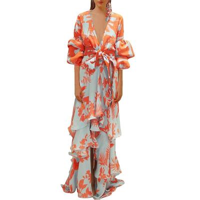 Women's European & American Chiffon Print High Waist Summer Dress - Irregular Hem, Vacation Style, Commuting Trend