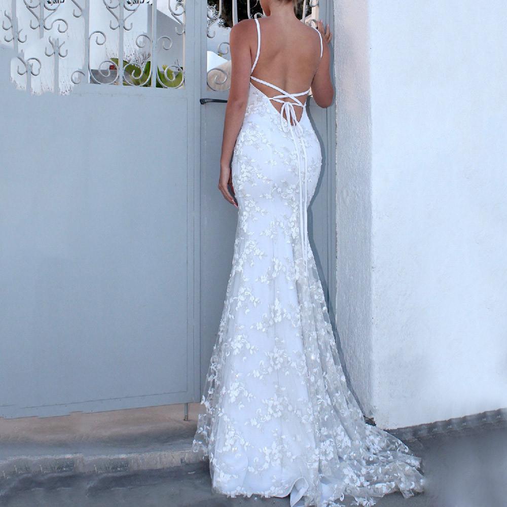 Women Formal Dresses Fashion Lace Backless Deep V Neck Sleeveless Long Dress