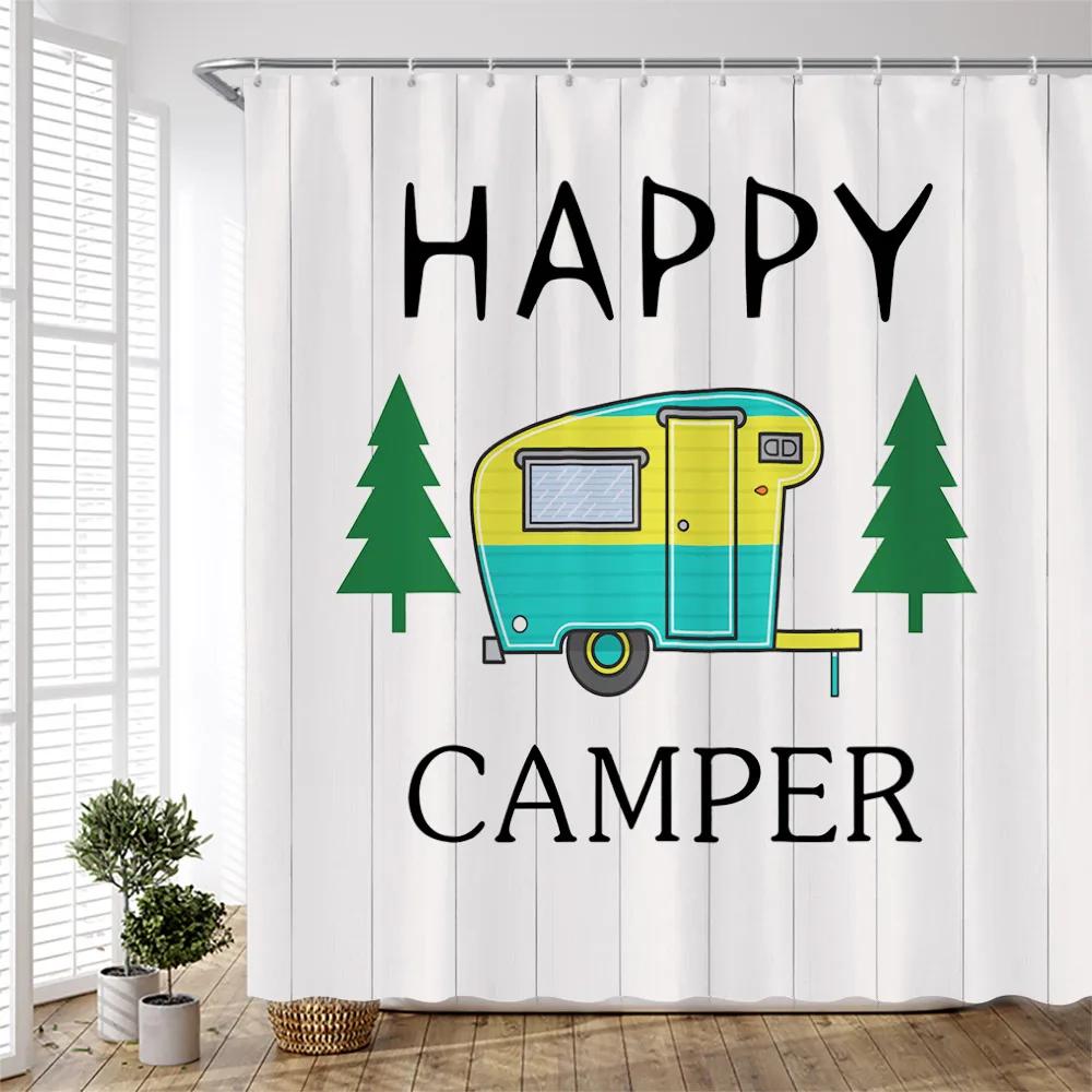 Forest Camping Poster Shower Curtain Camper Car Woods Bathroom Bath Decors Outdoor Landscape Backdrop Cloth 3D Room Curtains Set