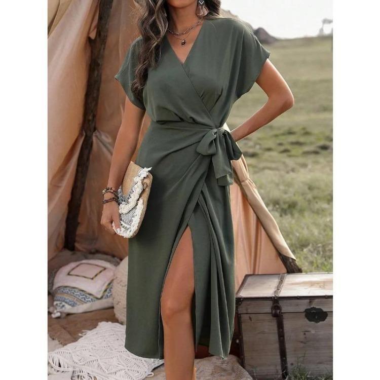 Solid Color Summer Women Fashion Lace Up Wrap Dress with Forged Slit Design