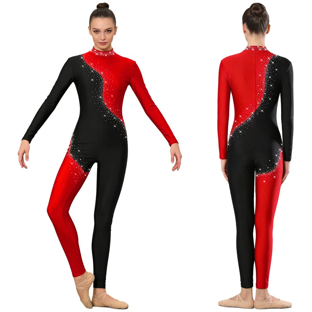S-3XL Women‘s Dance Bodysuit Sparkly Rhinestones Long Sleeve Pants Back Zipper Color Block Full Coverage Unitard for Skating Ballet