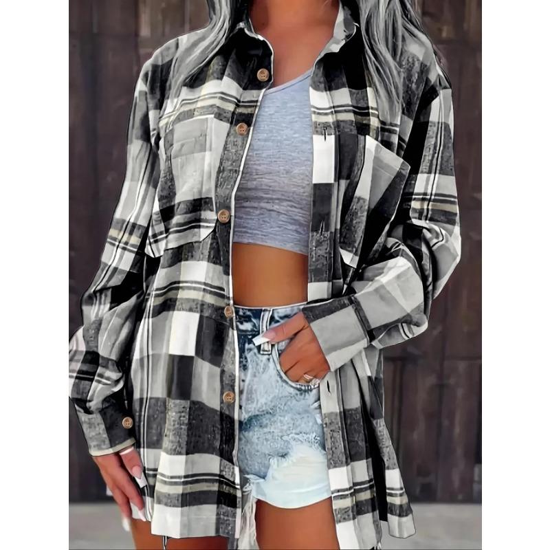 Nadměrná velikost 1XL-5XL Dámská Módní Kostkovaná Tištěná Košile Ležérní Volná Dlouhý Rukáv Košile Límec Design Košile Topy