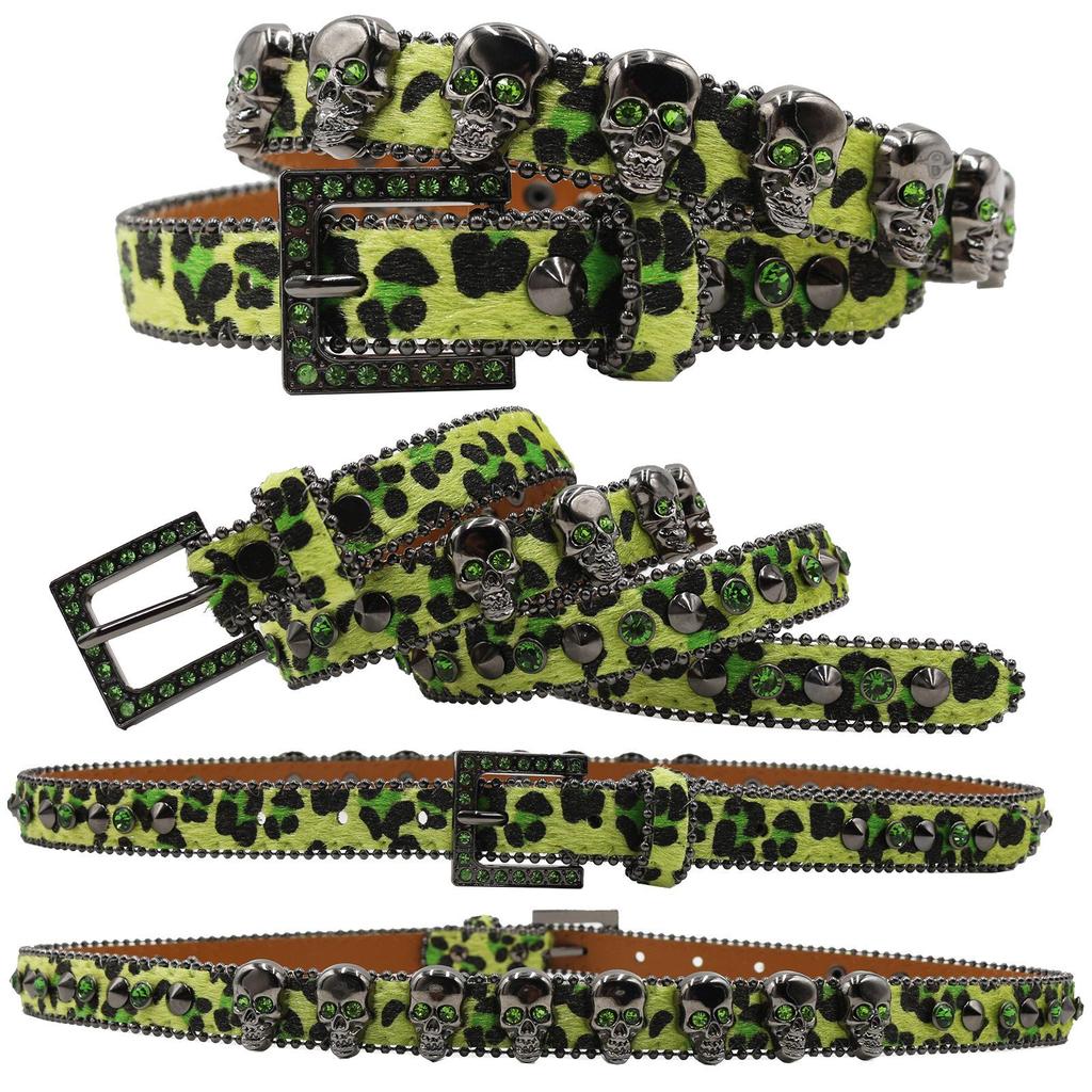 Leopard Print Women's Belt with Skull Design and Rhinestone Pin Buckle - Hip Hop Nightclub Style