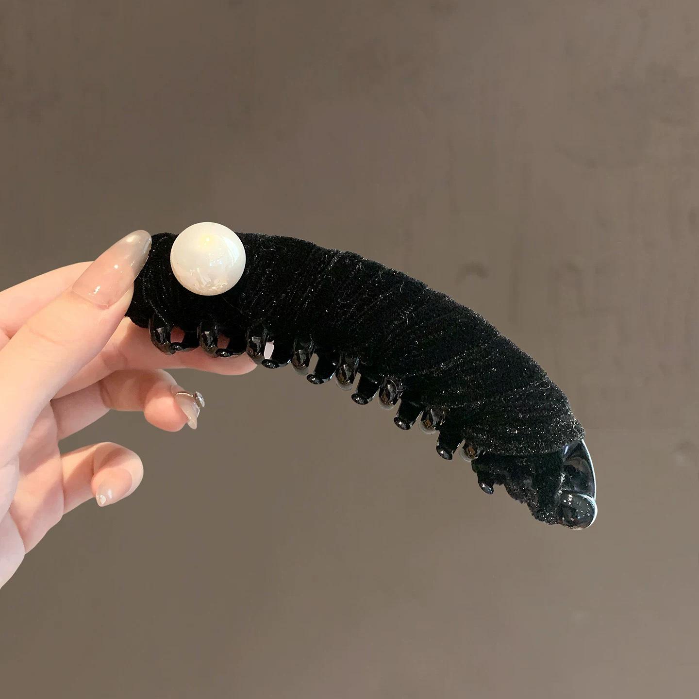 Элегантная ретро черная бархатная жемчужная заколка-банан для волос - Заколка в стиле Хепберн чёрный