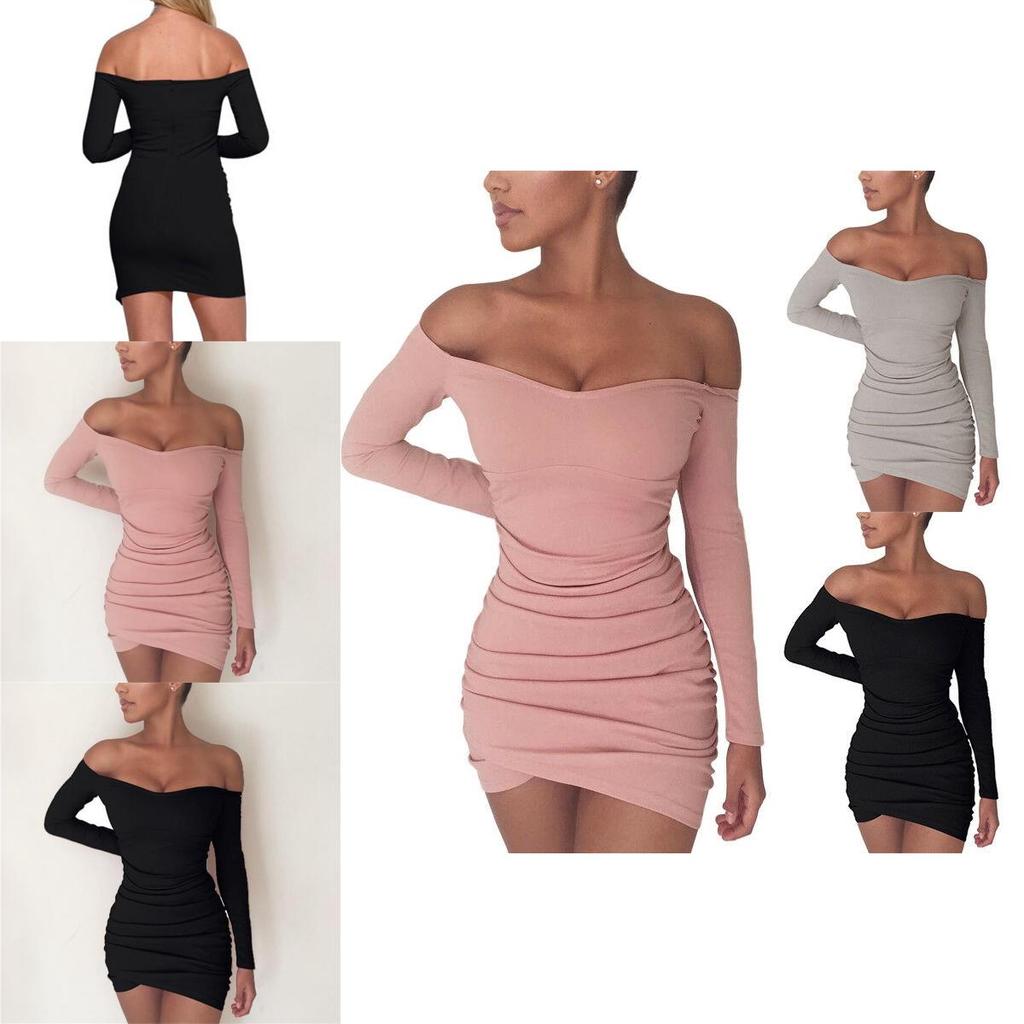 Elegant Women Long Sleeve Off Shoulder Evening Cocktail Party Club Bodycon Mini Dress Us