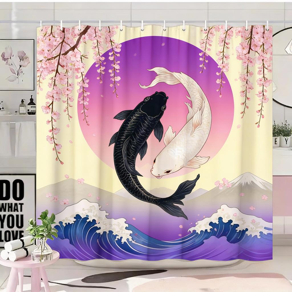 1pc Japanese Ukiyoe Koi Shower Curtain, Cherry Blossom, Red Sun, Snow Mountain Pattern, Easy to Hang, Fashionable Bathroom Decor
