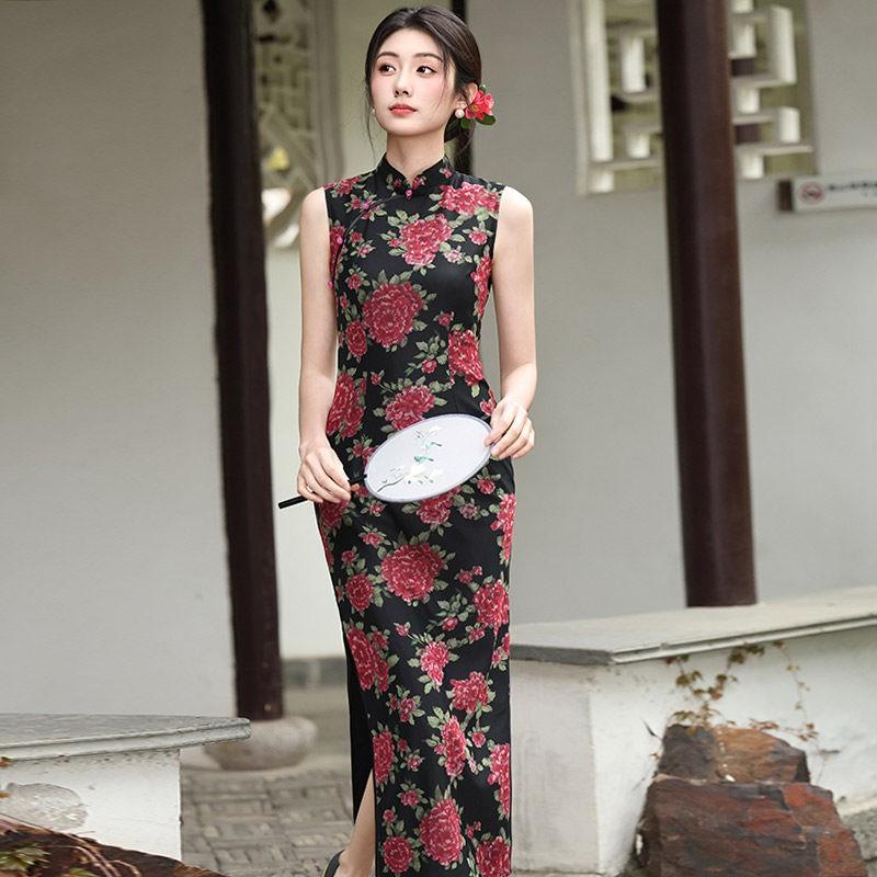 Long Sleeveless Black Cheongsam Dress 2026 Retro Style High-End Modern Chinese Inspired Gown Women Small