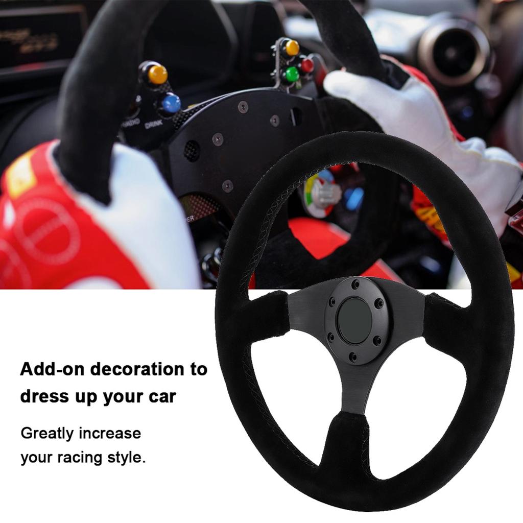 14in 350mm for Style 6‑Bolt Black Suede Racing Steering Wheel Black Stitching with Horn Button