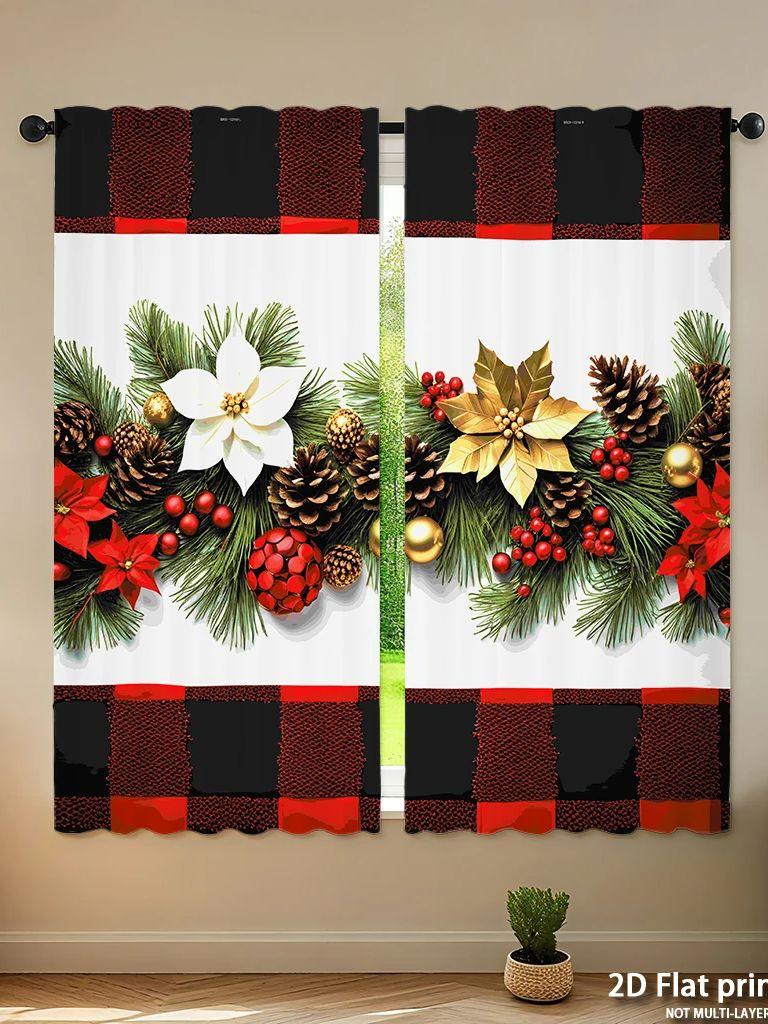 Piece Set High Definition Digital Printed Curtainschristmas Pine Branches Red Green Plaid Flower Decorhome Decoration Style Curtain Made Of Polyester