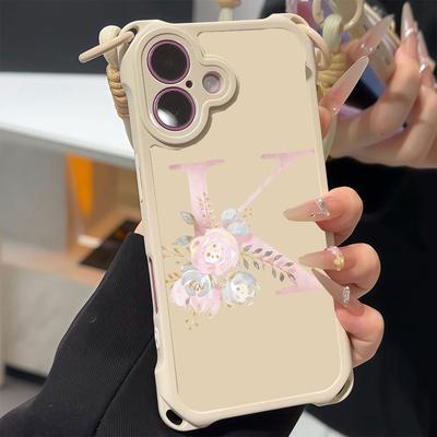Rose Rose Lettre Fleur A-Z Pomme Pour iPhone 17 16 15 14 12 Coque de Téléphone Protection Anti-Chute Quatre Coins Corde de Suspension Portable