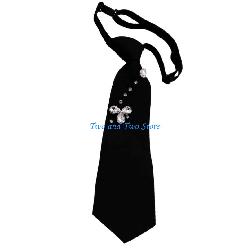 HX6F Women's School Uniform Tie Harajuku Rhinestones Vintage Pre Tied Black Necktie