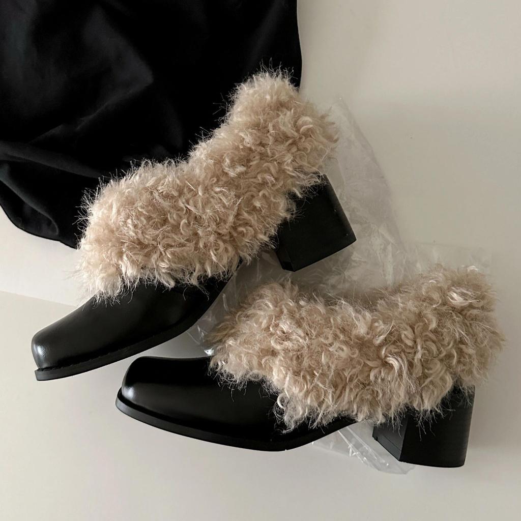 Small Leather Shoes Light Mouth Thick Heel High Heels Women's 2025 New Autumn and Winter Loafers Plush Shoes Mary Jane Single Shoes