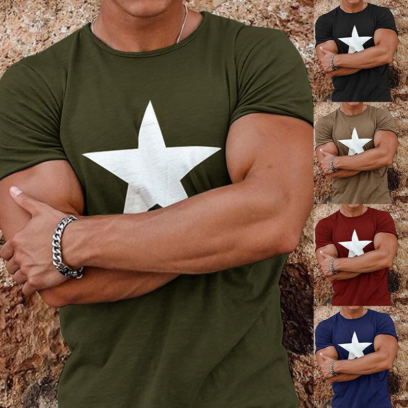 

Мужская звезда Принт Тонкая футболка Летняя повседневная круглая шея с коротким рукавом Рубашки Топы Плюс Размер