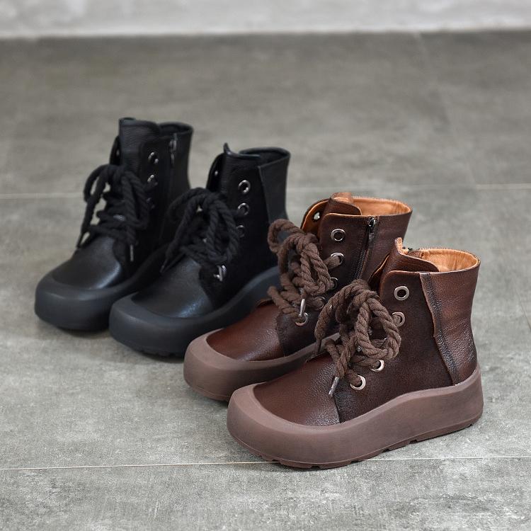 Johnature Retro Genuine Leather Short Boots Lace Up Thick Sole Plush Warm Cotton Boots Women's Shoes