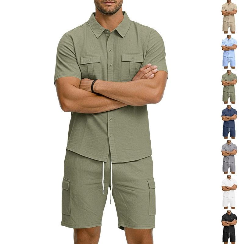 Casual Solid Color Linen Two Piece Sets Mens 2026 Spring Summer Fashion Short Sleeve Shirts and Shorts Outfits Men Linen Suits