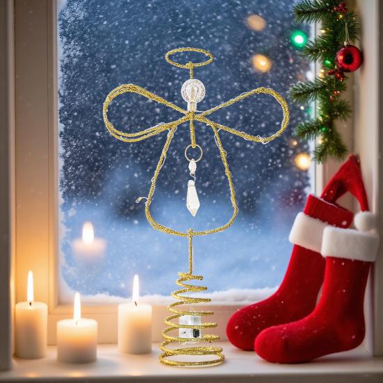 Glittered Golden Angel Christmas Tree Topper Double Angel Treetop Decoration Xmas Tree Sparkling Tree Topper