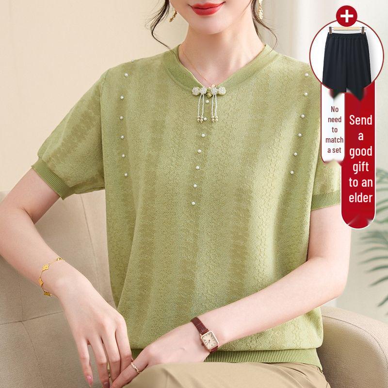 Schickes Sommer-Eis-Seiden-Qipao-Kragen Kurzarm Zweiteiler für mittelalte und ältere Frauen - Strick-T-Shirt-Oberteil in Übergröße