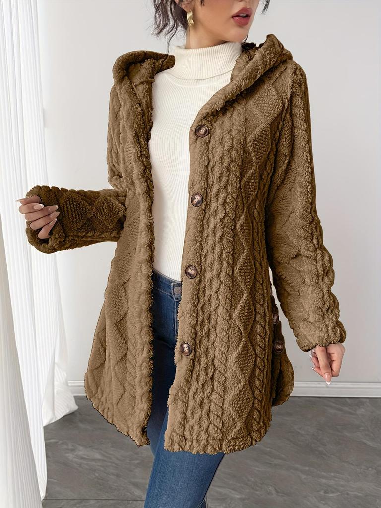 2025 Autumn/Winter Women's Warm Plush Hooded Cardigan - Button-Up Solid Color Coat