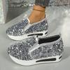 Women's Autumn Breathable Lace Sequined Mesh Slip-On Casual Sports Shoes, Height-Increasing White Footwear.