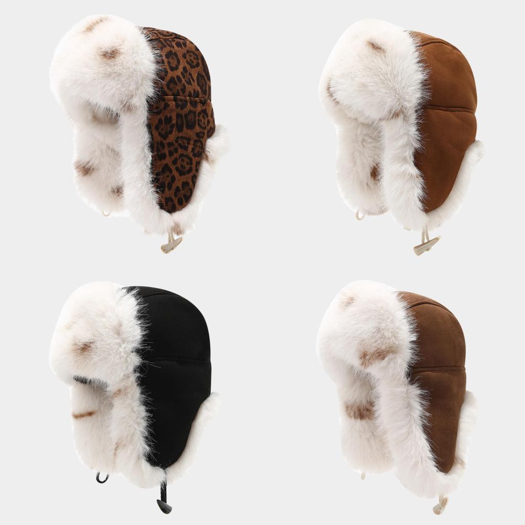 Leopard Print Fluffy Leather Winter Beanie With Windproof Ear Cover For Men And Women