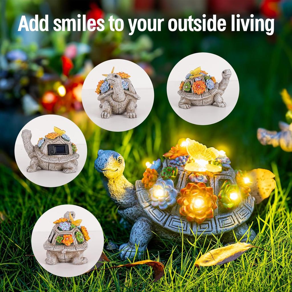 Solar Garden Outdoor Statues with Succulent and 7 LED Lights - Lawn Decor Tortoise Statue for Patio, Balcony, Yard Ornament - Unique Housewarming
