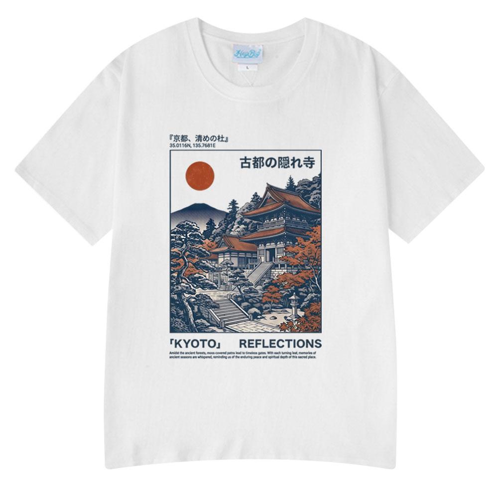 Kyoto Reflections Graphic Illustration T-shirt Retro Japanese Ukiyo-e Style Temple Tee Cotton Streetwear Casual Oversized TShirt