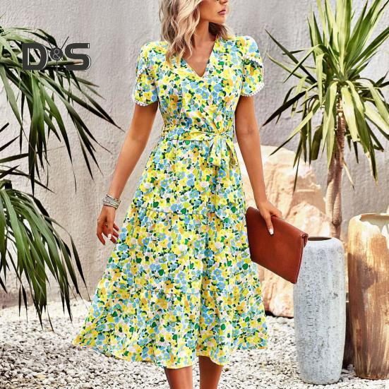Women Summer Dress Flower Print A Line Loose Hem Patchwork Short Sleeves Irregular Short Sleeve Split Hem Lace Up High Waist Lady Midi Dress